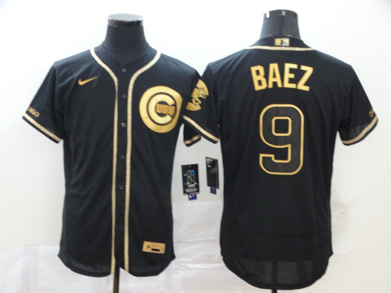 Men Chicago Cubs 9 Baez Black Retro gold character Nike MLB Jerseys